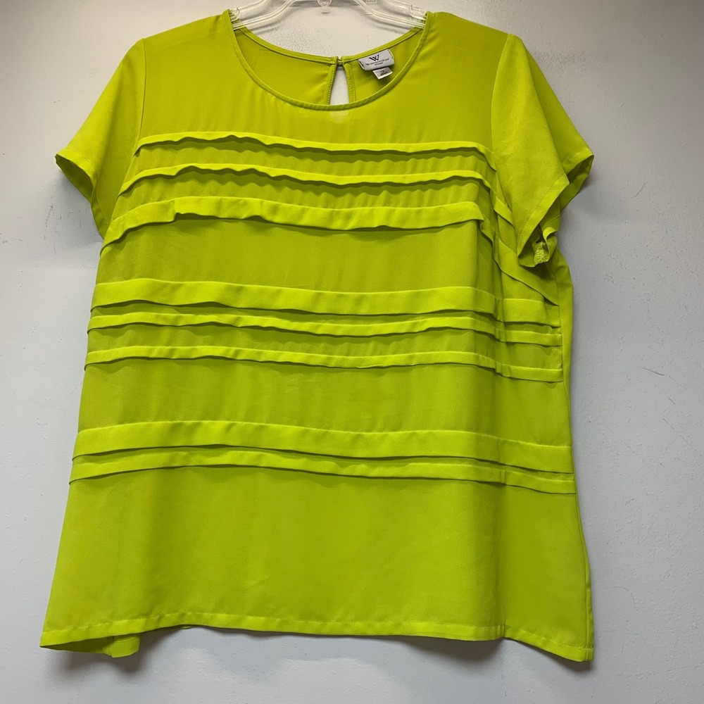 Worthington Blouse Woman 1X Lime Green Excellent Tiered Ruffle Short Sleeve Top
